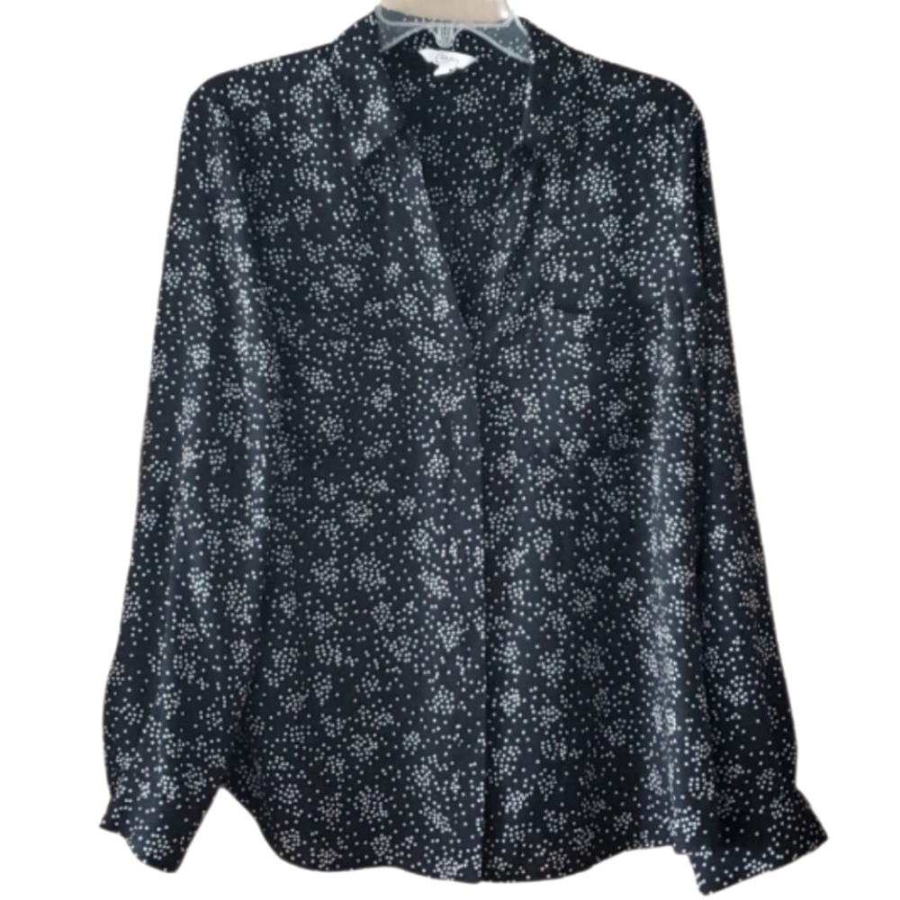 Candie's Black & White Polka Dot Semi Sheer Tab Sleeve Button Blouse‎ Size Large